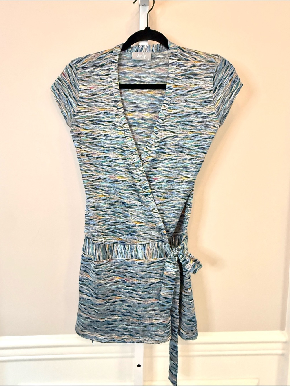Wallis Blue Abstract Print Wrap Top Tie Waist Short Sleeve Blouse Size 8